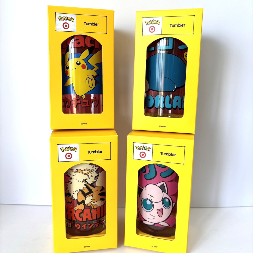 Pokemon Target Tumbler Complete Set Of 4 Pikachu Jigglypuff Snorlax Arcanine NWT